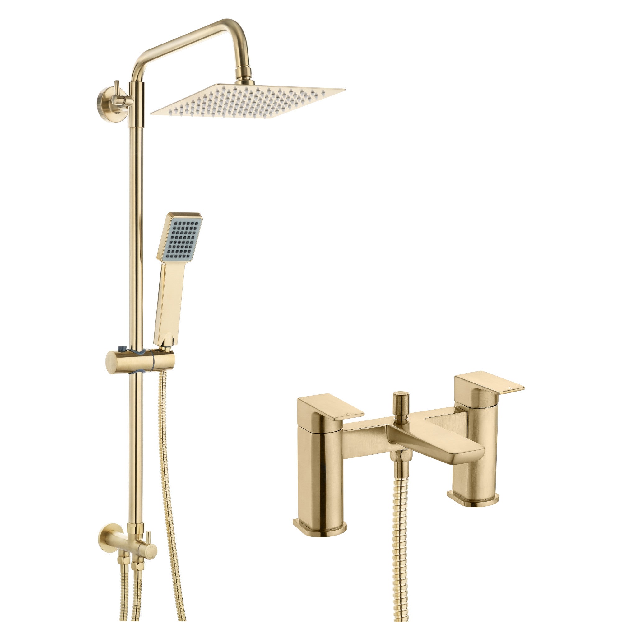 Mykonos contemporary bath shower mixer tap with dual rigid riser - brushed brass